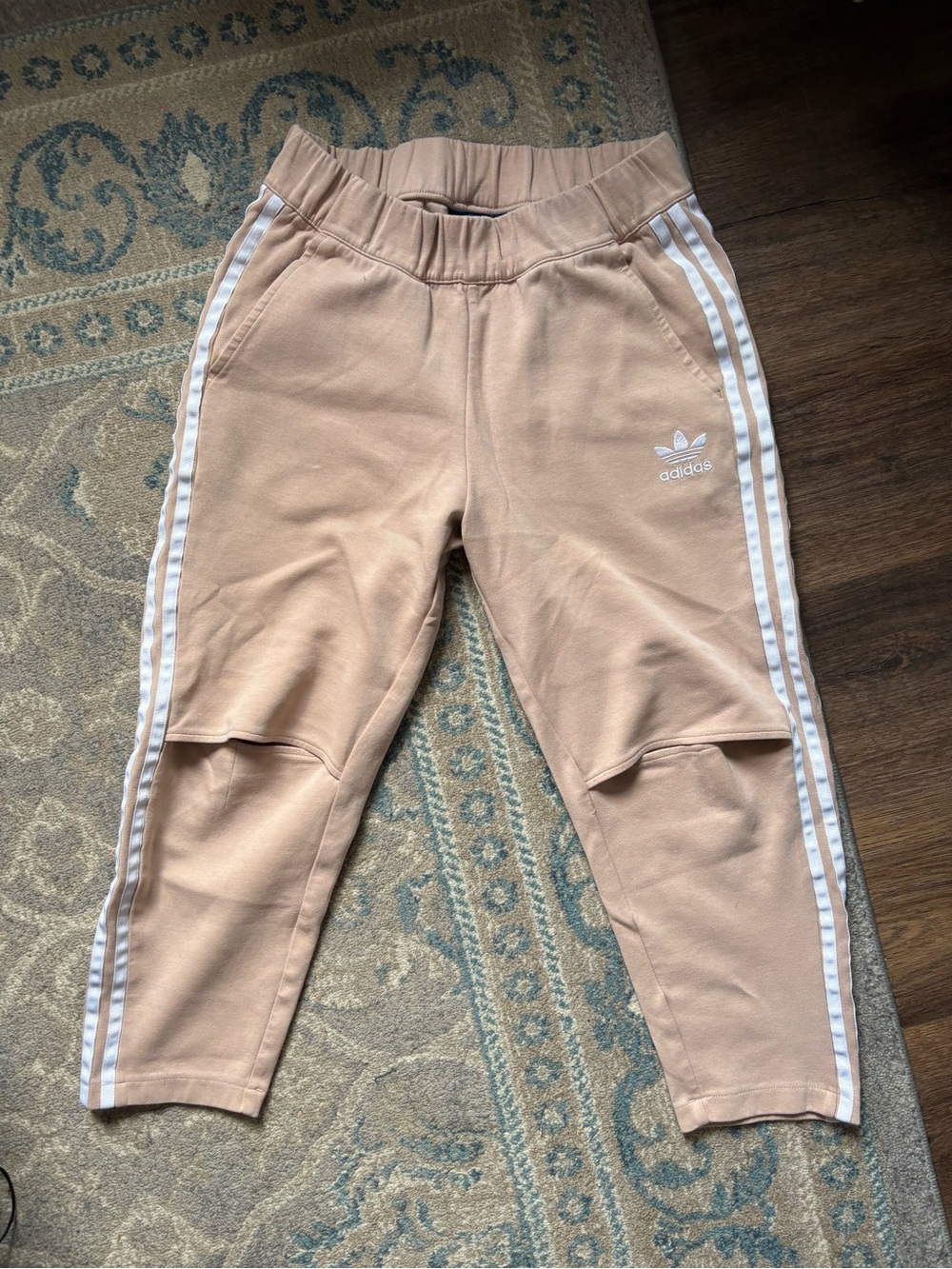 adidas women’s blush Joggers with White Side Stripes and knee splits